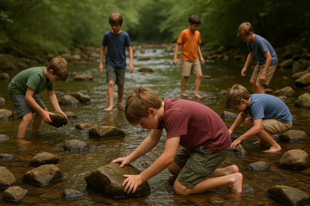 Image of young boys looking under rocks in a creek bed