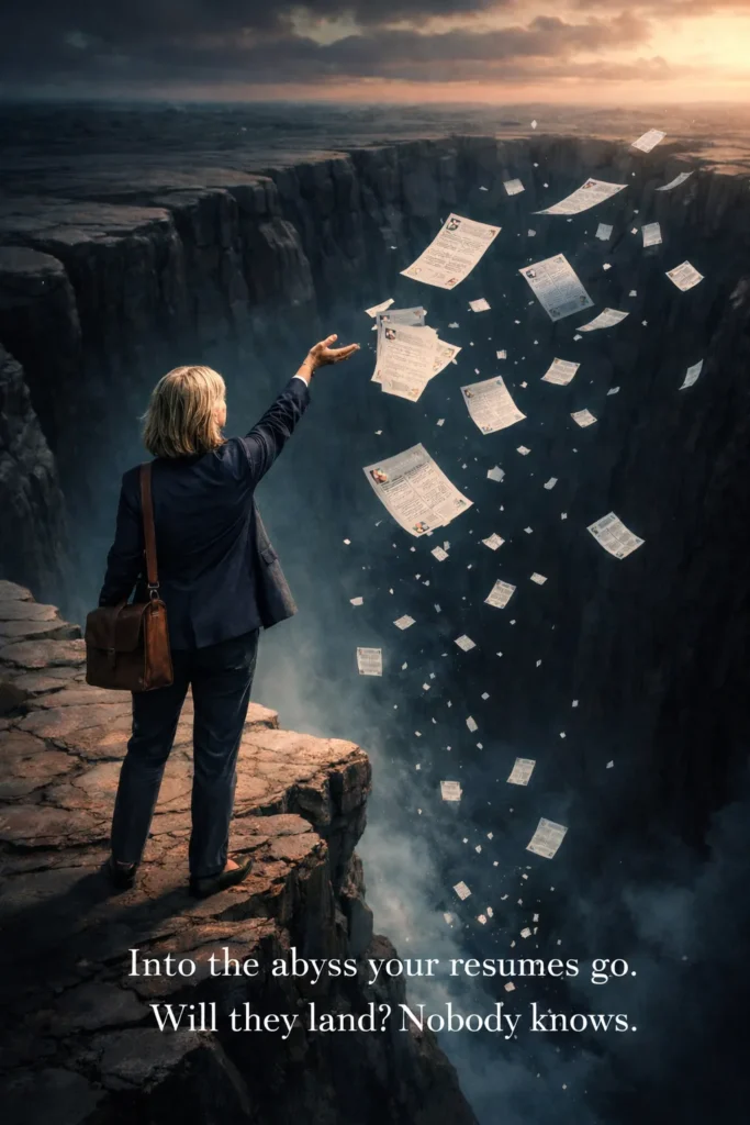 An image of a professional businesswoman tossing a stack of papers into an abyss.