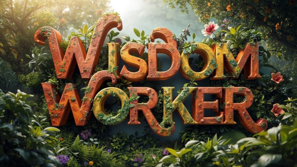 A logo of the words Wisdom Worker in a floral jungle setting