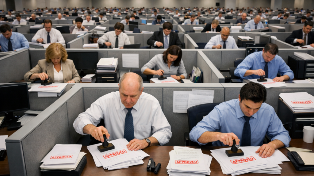 Image of vast office of cubicles and everyone is stamping documents