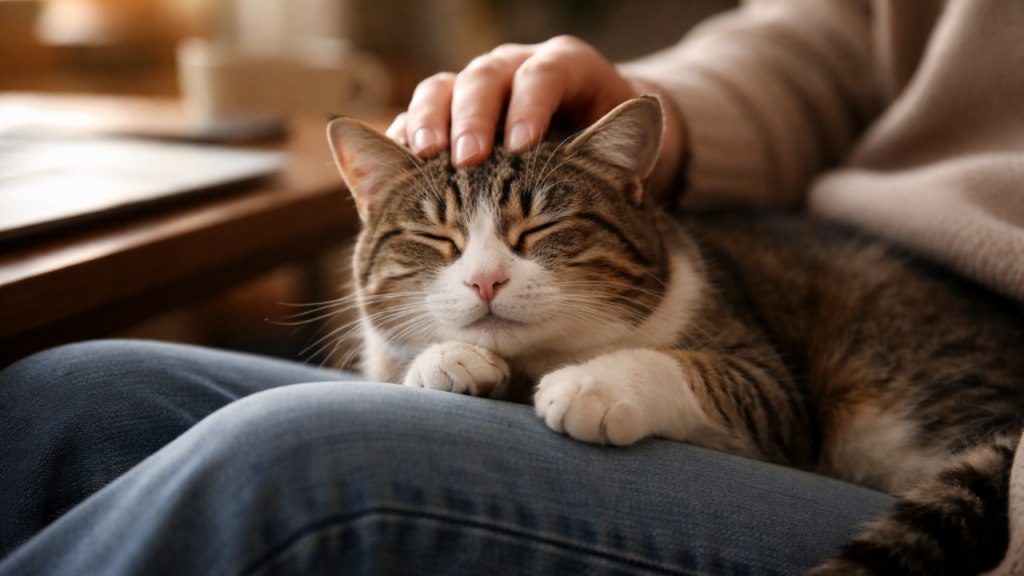 A cat closing its eyes as it sits on its owner's lap being stroked