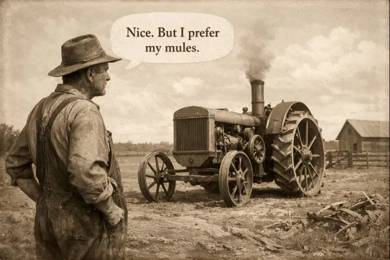 Old fashioned image of a farmer looking at a tractor saying "Nice, but I prefer my mules".