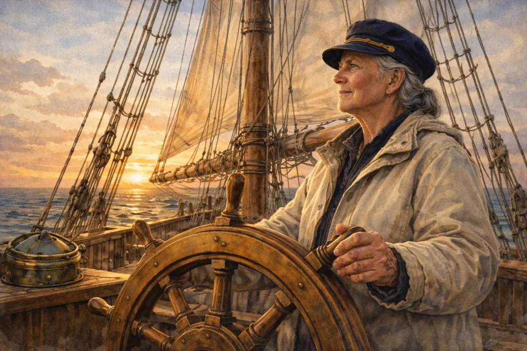 An old maritime image of an old woman at the helm of a sailing ship