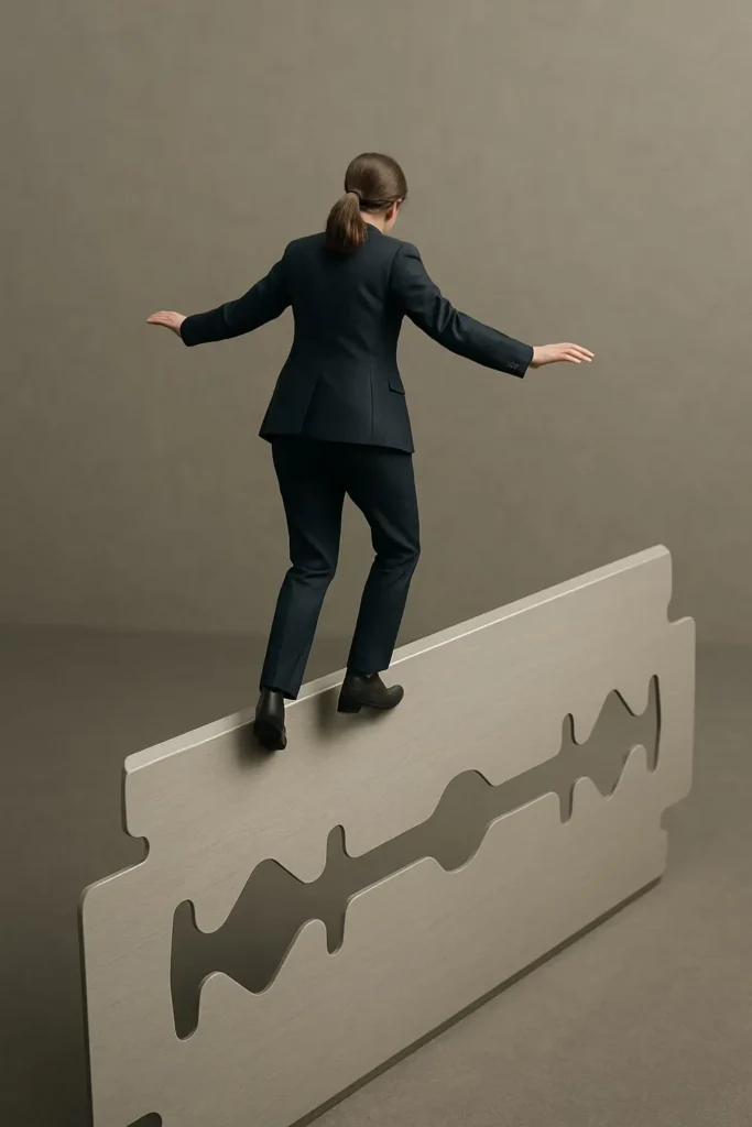 A woman in a suit walking a balanced tightrope walk