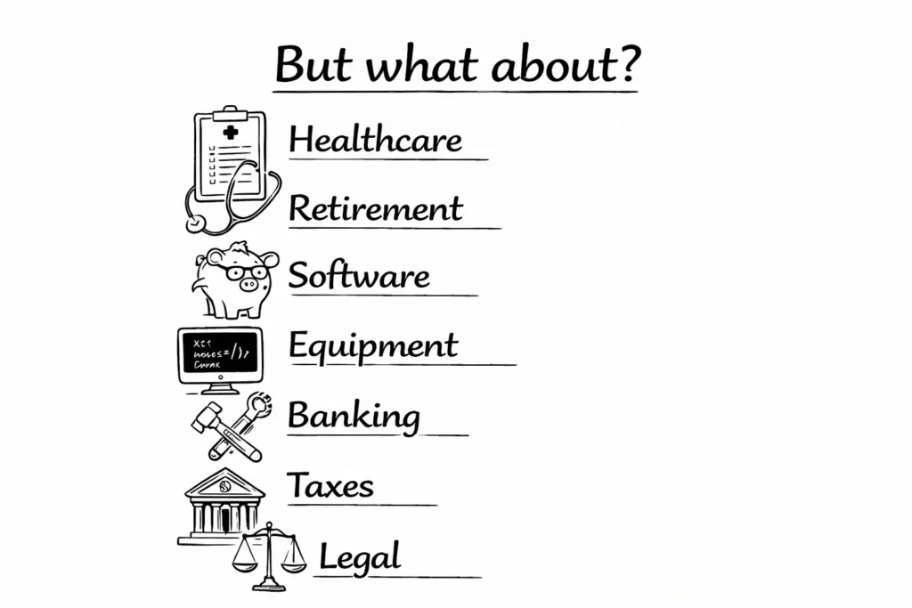 A graphic that says But what about: healthcare; retirement; software; equipment; banking; taxes; legal