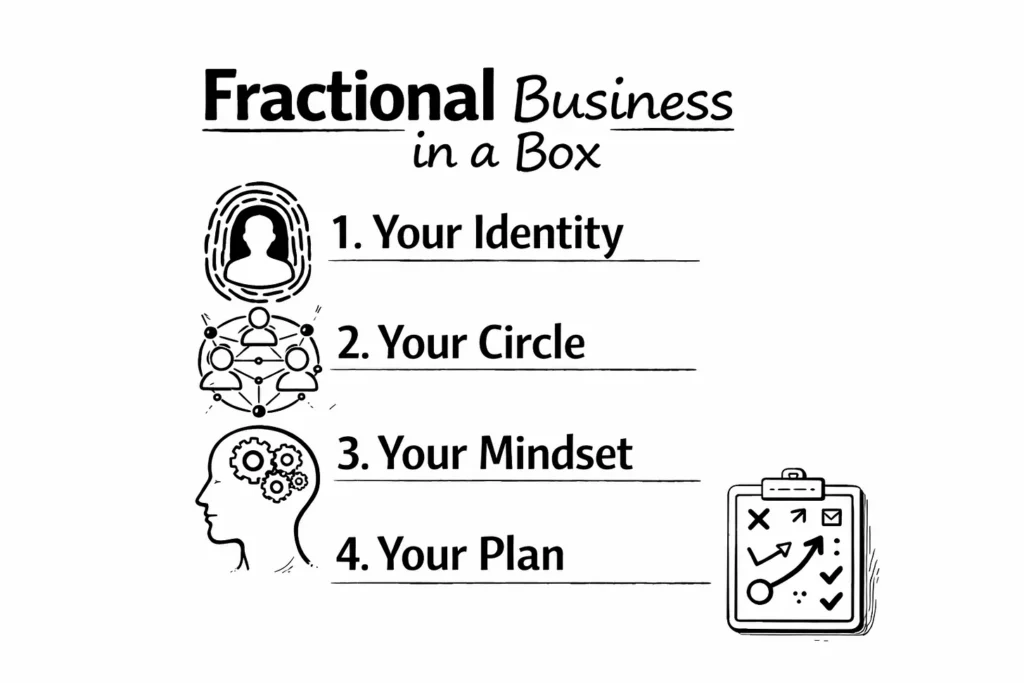 A graphic that says Fractional Business in a Box: 1. Your Identity; 2. Your Circle; 3. Your Mindset; 4. Your Plan