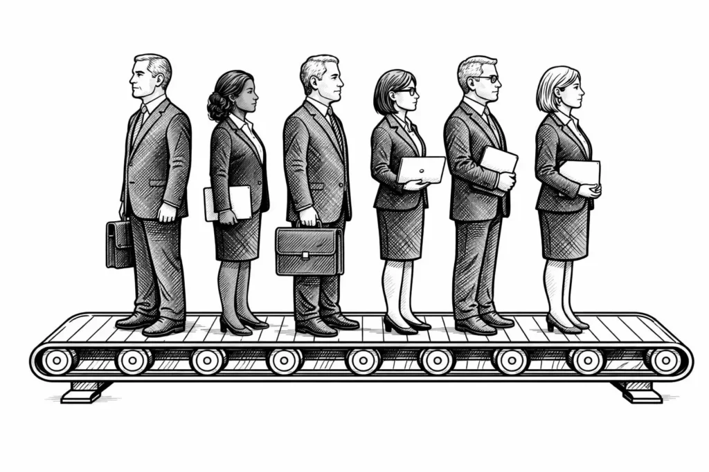 Illustration of business professionals standing on a conveyor belt