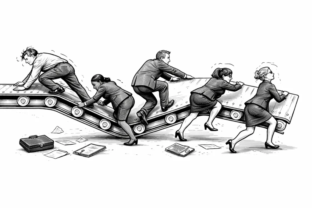 Illustration of frantic business professionals trying to climb onto a bent and broken conveyor belt