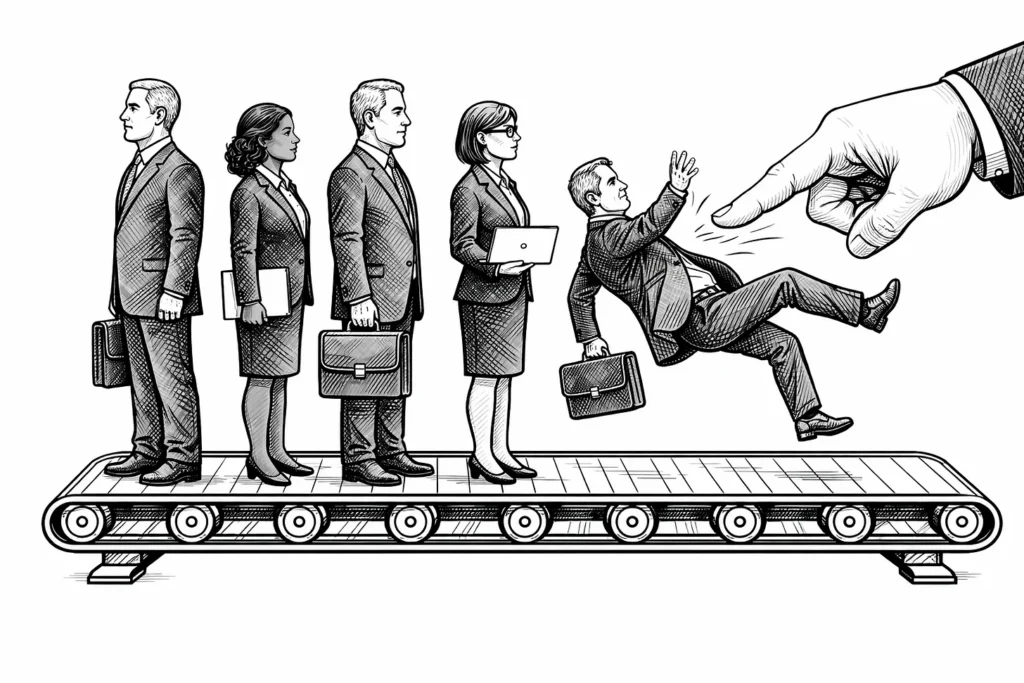 Illustration of business professionals standing on a conveyor belt, the first person in line falling backwards as a large hand enters the picture appearing to poke at him to knock him down