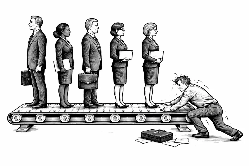 Illustration of a working professional desperately trying to get back onto the conveyor belt that his colleagues are standing on