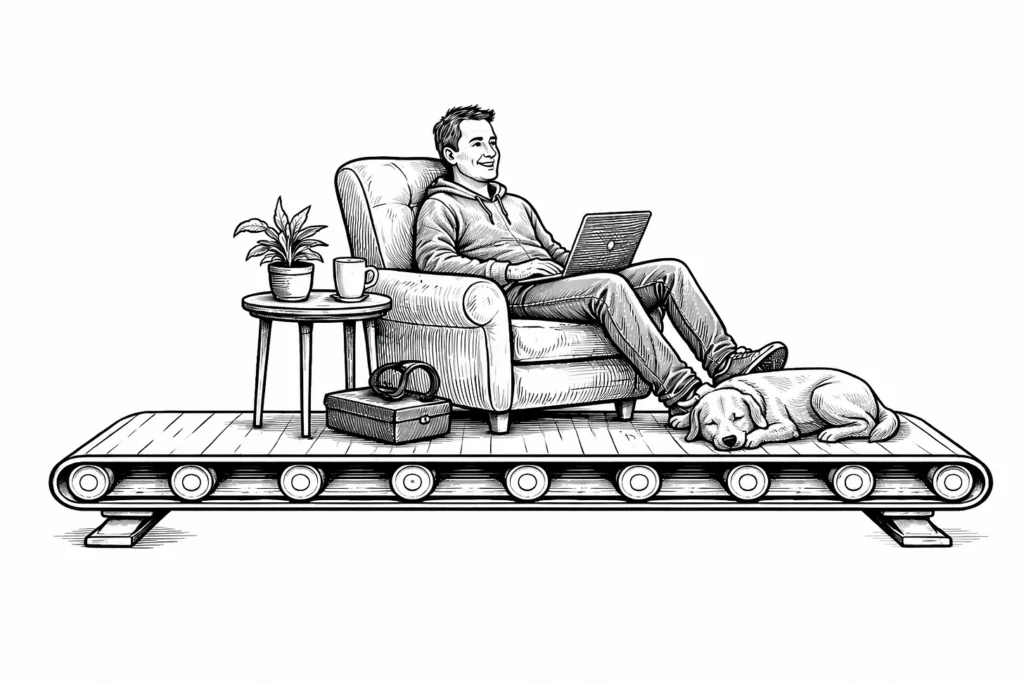 An illustration of a casual working professional in a comfy chair with his dog at his feet, laptop on his lap, all the while on the conveyor belt