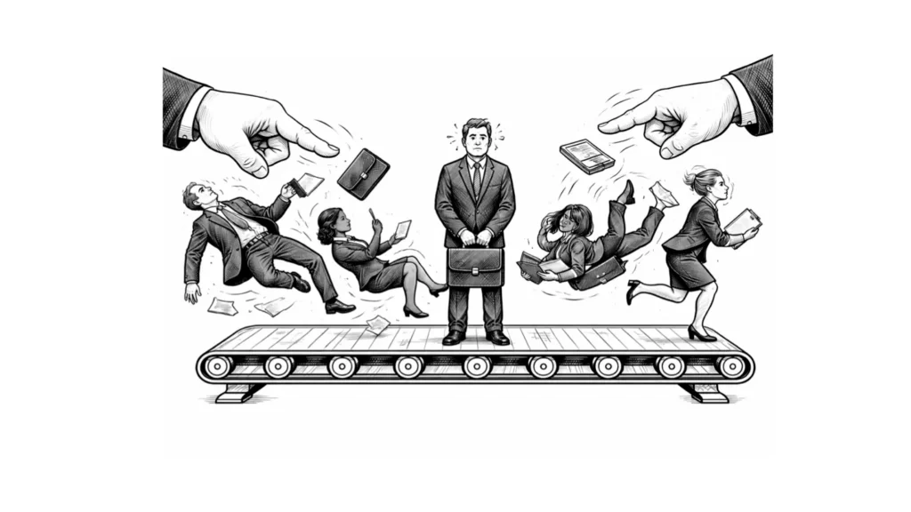 Illustration of business professionals falling off a conveyor belt with one person standing alone in the center