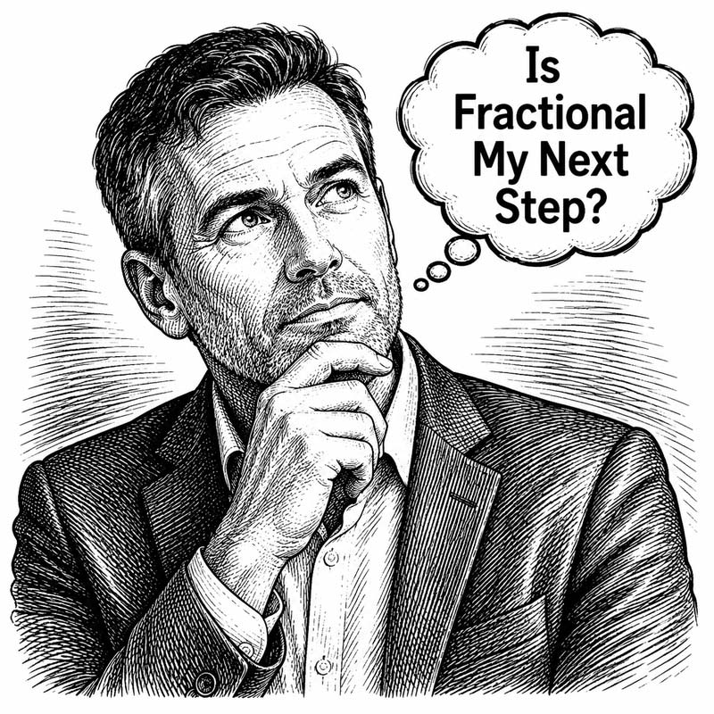 Illustration of a man in a suit contemplating if fractional is the next step in his career
